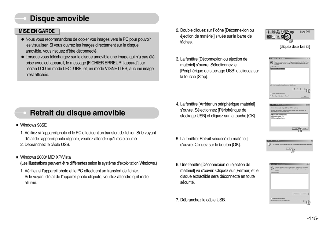 Samsung EC-I7ZZZBBA/DE, EC-I7ZZZBBA/E1, EC-I7ZZZBBA/FR, EC-I7ZZZBBC/E2, EC-I7ZZZSBC/E2 manual Retrait du disque amovible, 115 