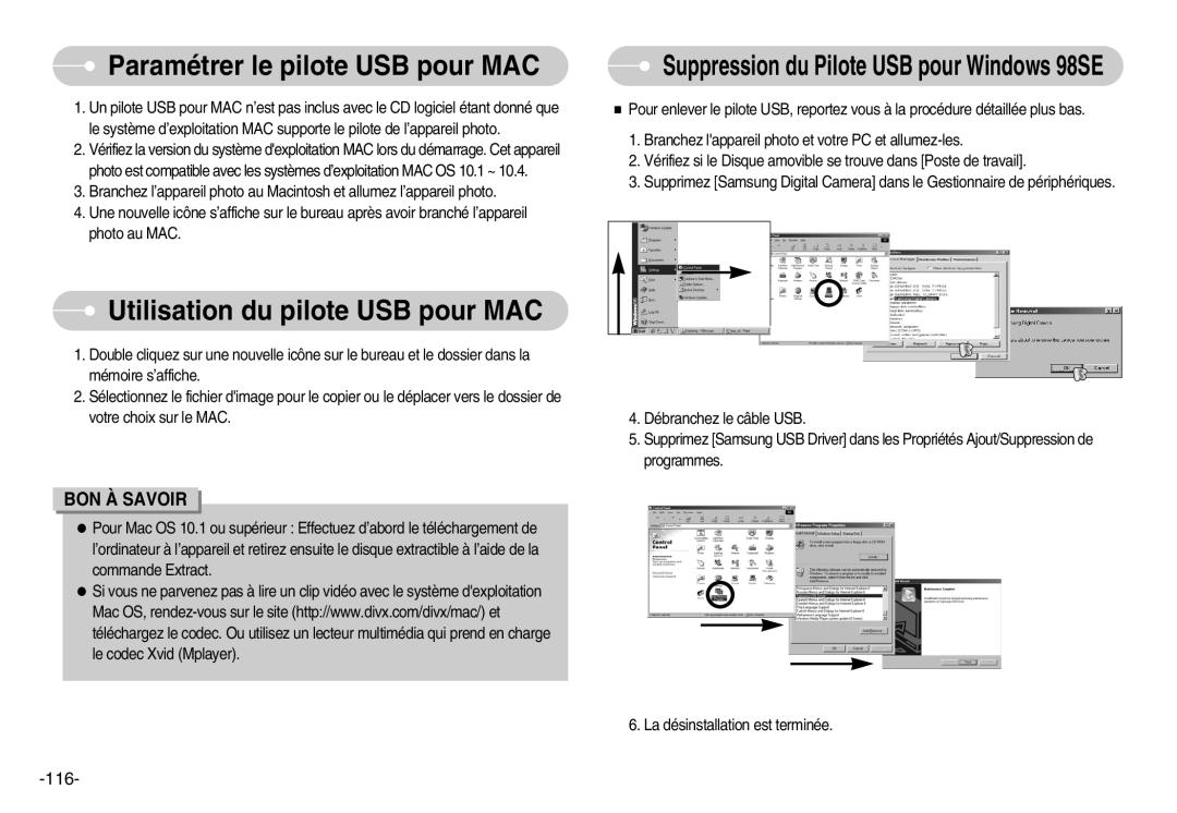 Samsung EC-I7ZZZSBB/E1, EC-I7ZZZBBA/E1 manual Paramétrer le pilote USB pour MAC, Utilisation du pilote USB pour MAC, 116 