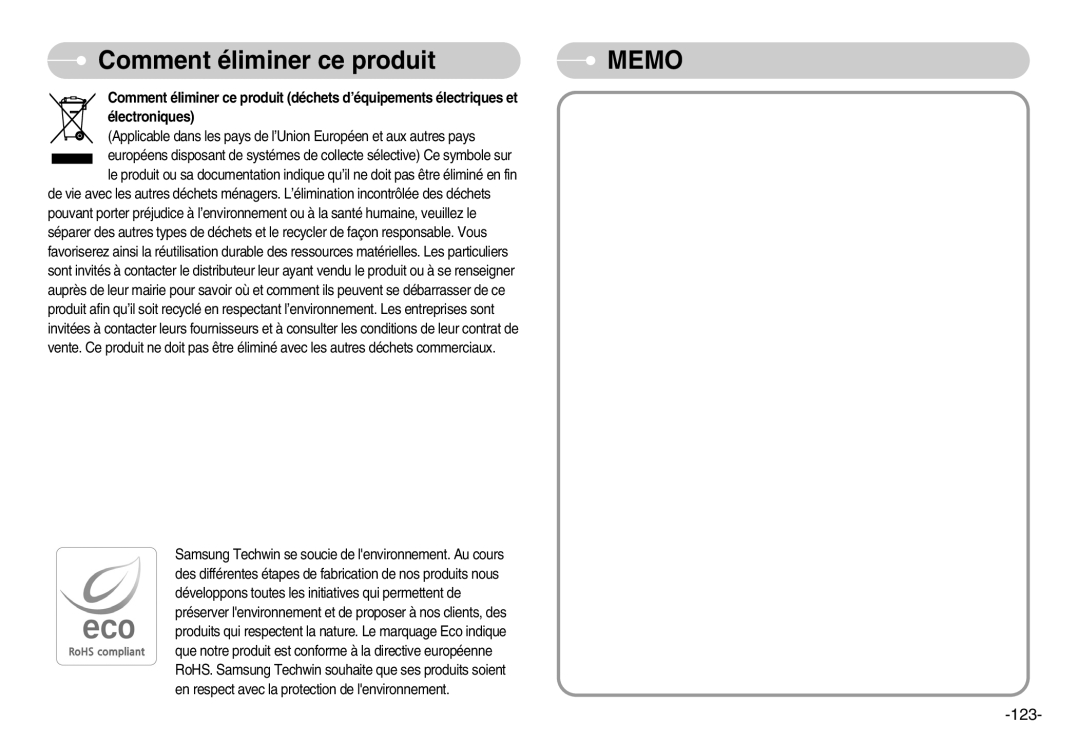 Samsung EC-I7ZZZSBC/E2, EC-I7ZZZBBA/E1, EC-I7ZZZBBA/FR, EC-I7ZZZBBC/E2, EC-I7ZZZSBA/FR manual Comment éliminer ce produit, 123 