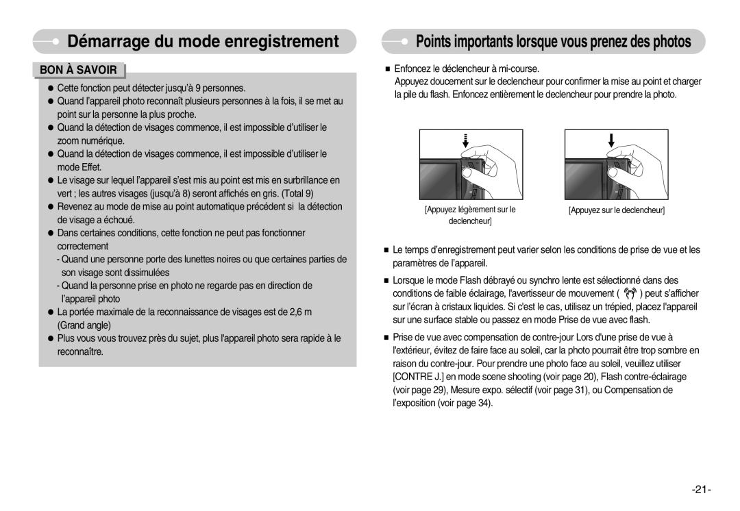 Samsung EC-I7ZZZBBA/E1, EC-I7ZZZBBA/FR, EC-I7ZZZBBC/E2, EC-I7ZZZSBC/E2 manual Points importants lorsque vous prenez des photos 