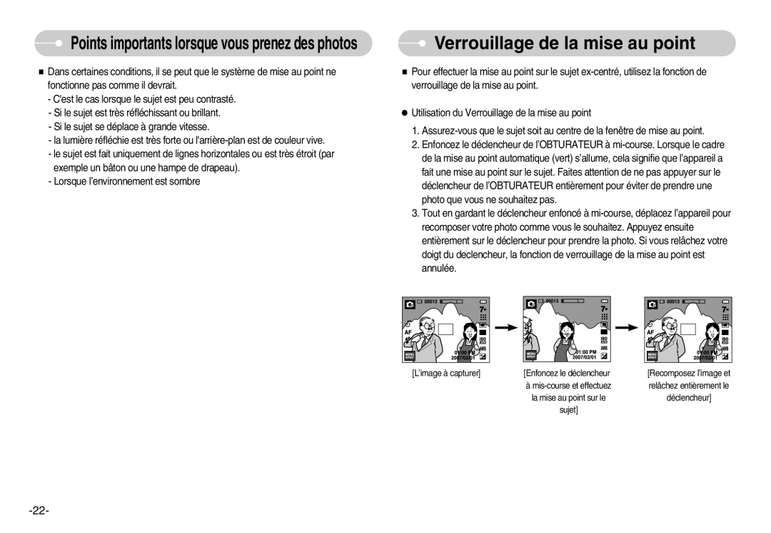 Samsung EC-I7ZZZBBA/FR, EC-I7ZZZBBA/E1, EC-I7ZZZBBC/E2, EC-I7ZZZSBC/E2, EC-I7ZZZSBA/FR manual Verrouillage de la mise au point 