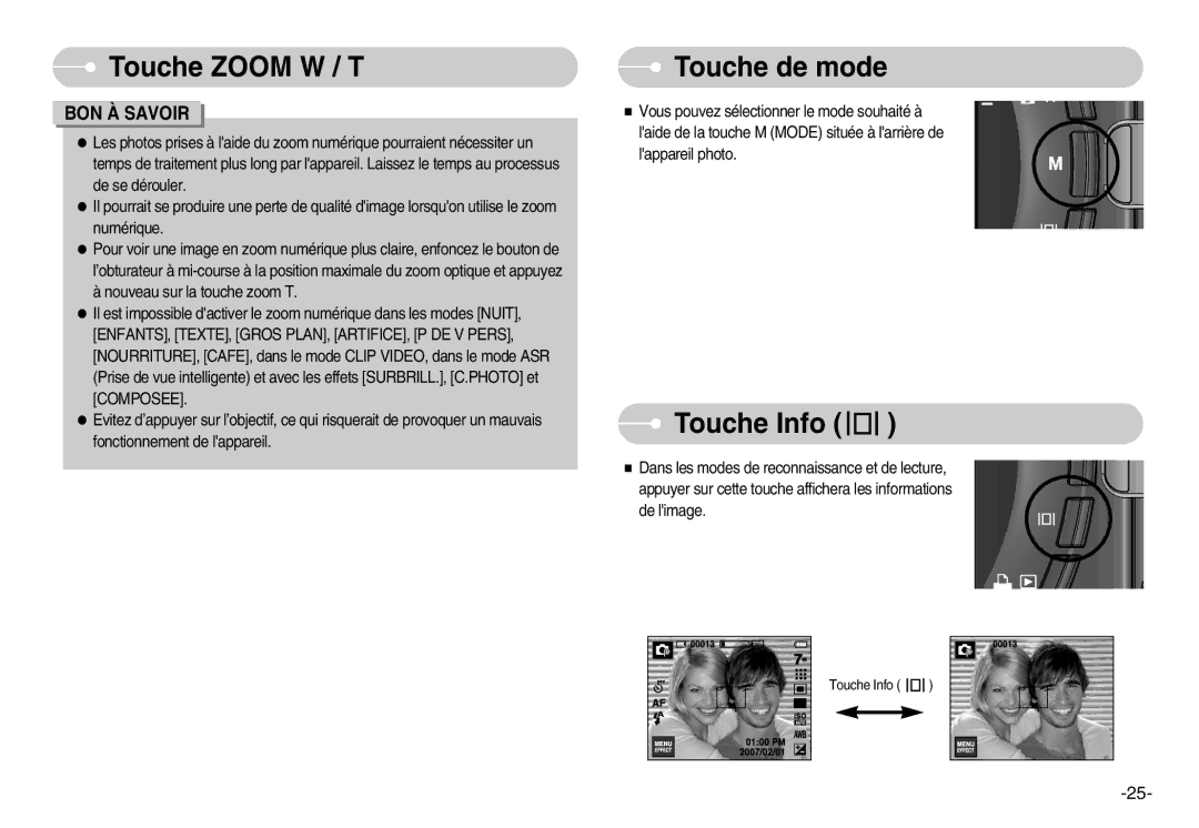 Samsung EC-I7ZZZSBA/FR, EC-I7ZZZBBA/E1, EC-I7ZZZBBA/FR, EC-I7ZZZBBC/E2, EC-I7ZZZSBC/E2 manual Touche de mode, Touche Info 