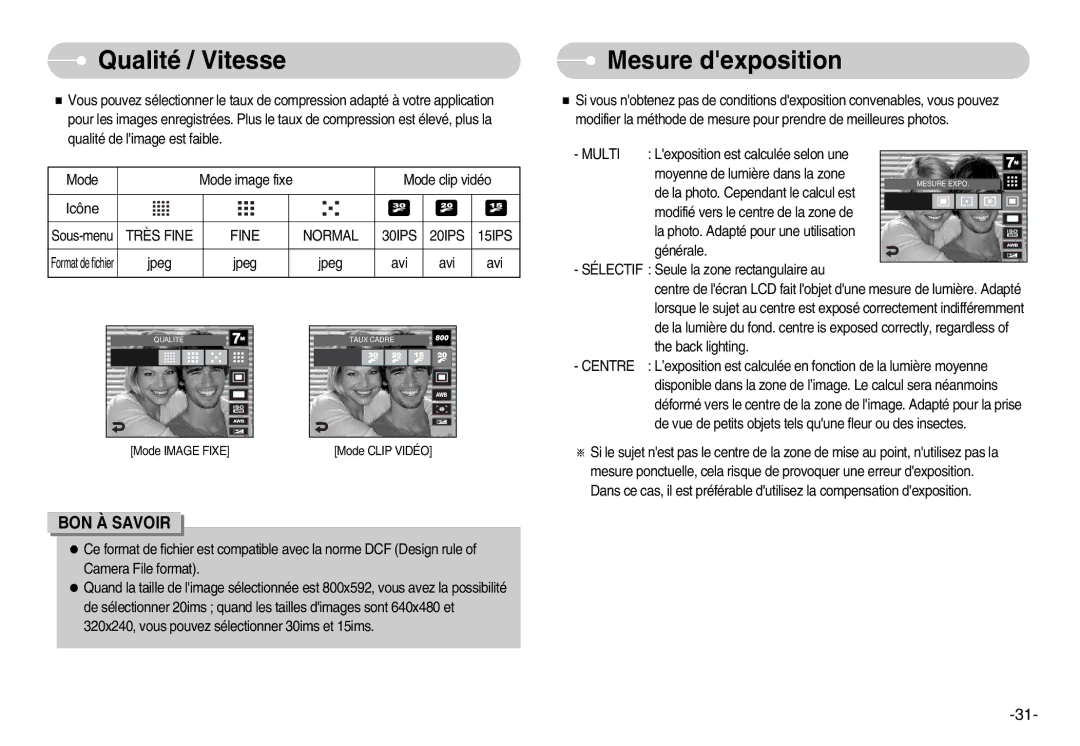 Samsung EC-I7ZZZSBC/FR manual Qualité / Vitesse, Mesure dexposition, Très Fine Normal 30IPS 20IPS 15IPS, Multi, Centre 
