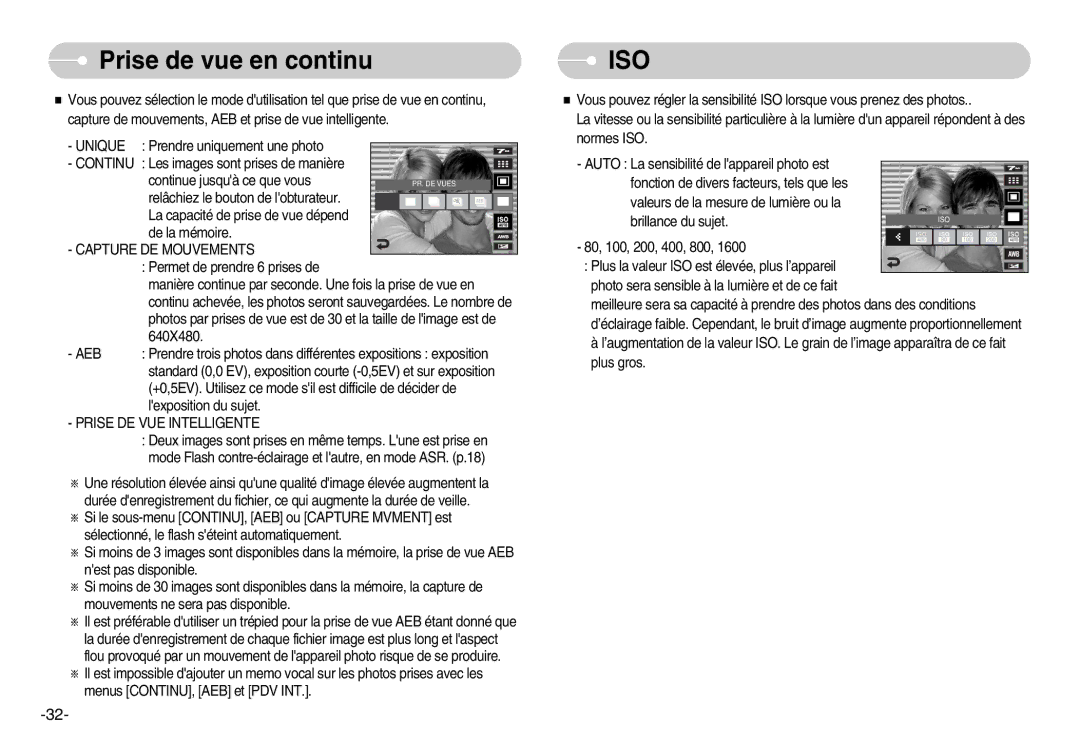 Samsung EC-I7ZZZBBA/E1, EC-I7ZZZBBA/FR manual Prise de vue en continu, Capture DE Mouvements, Aeb, Prise DE VUE Intelligente 