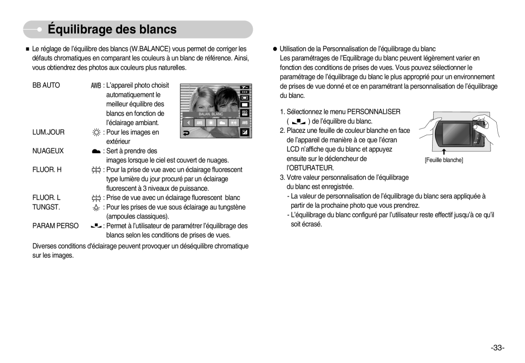 Samsung EC-I7ZZZBBA/FR, EC-I7ZZZBBA/E1, EC-I7ZZZBBC/E2, EC-I7ZZZSBC/E2, EC-I7ZZZSBA/FR, EC-I7ZZZBBB/FR Équilibrage des blancs 