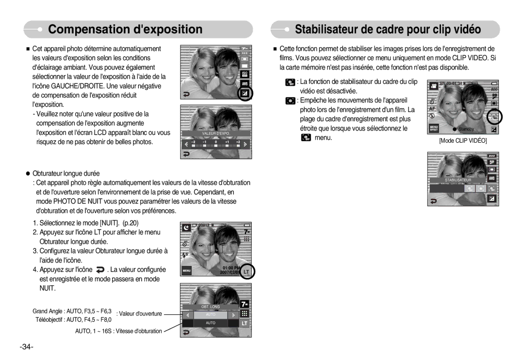 Samsung EC-I7ZZZBBC/E2, EC-I7ZZZBBA/E1, EC-I7ZZZBBA/FR Compensation dexposition, Stabilisateur de cadre pour clip vidéo 