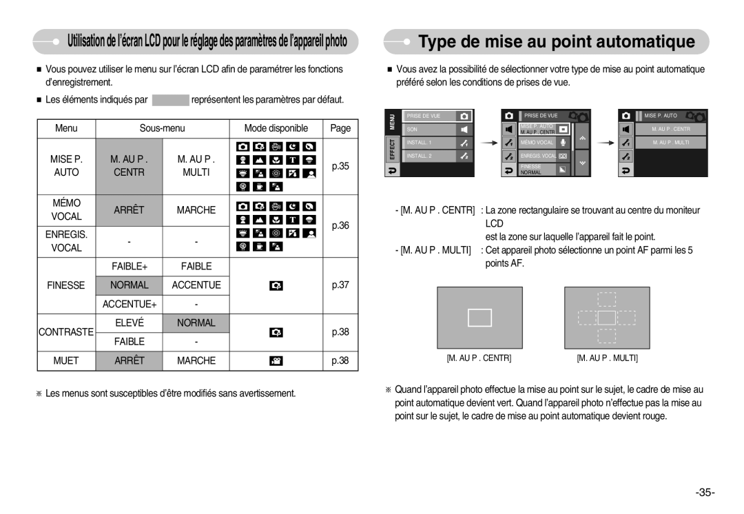 Samsung EC-I7ZZZSBC/E2, EC-I7ZZZBBA/E1, EC-I7ZZZBBA/FR Type de mise au point automatique, Mise P, Auto Centr Multi Mémo 