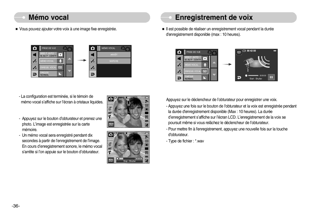 Samsung EC-I7ZZZSBA/FR, EC-I7ZZZBBA/E1, EC-I7ZZZBBA/FR, EC-I7ZZZBBC/E2, EC-I7ZZZSBC/E2 manual Mémo vocal Enregistrement de voix 