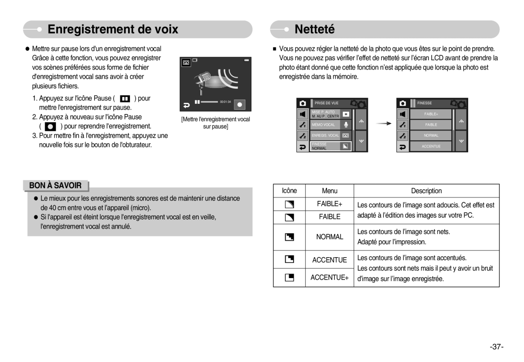 Samsung EC-I7ZZZBBB/FR, EC-I7ZZZBBA/E1 manual Enregistrement de voix Netteté, Mettre lenregistrement vocal Sur pause 