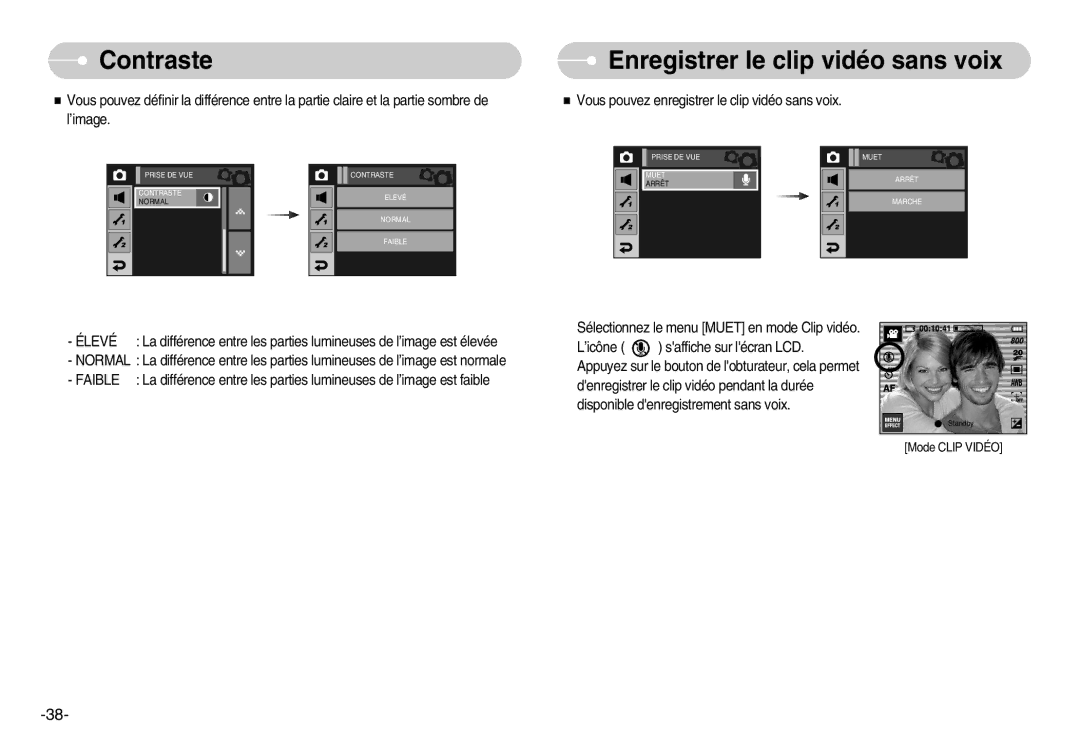 Samsung EC-I7ZZZBBA/DE, EC-I7ZZZBBA/E1, EC-I7ZZZBBA/FR, EC-I7ZZZBBC/E2 manual Contraste, Enregistrer le clip vidéo sans voix 