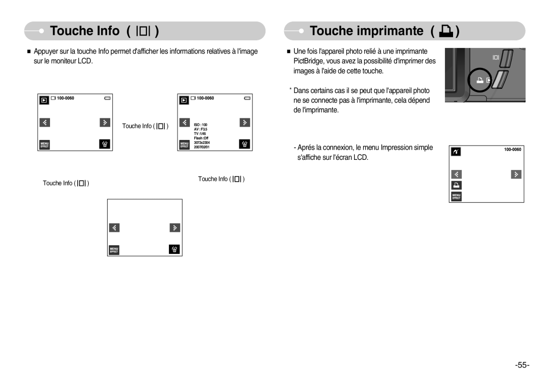 Samsung EC-I7ZZZBBA/FR, EC-I7ZZZBBA/E1, EC-I7ZZZBBC/E2, EC-I7ZZZSBC/E2, EC-I7ZZZSBA/FR manual Touche Info, Touche imprimante 