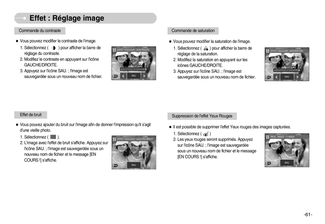 Samsung EC-I7ZZZSBB/E1, EC-I7ZZZBBA/E1, EC-I7ZZZBBA/FR, EC-I7ZZZBBC/E2, EC-I7ZZZSBC/E2 manual Effet Couleur / Contraste SAU 