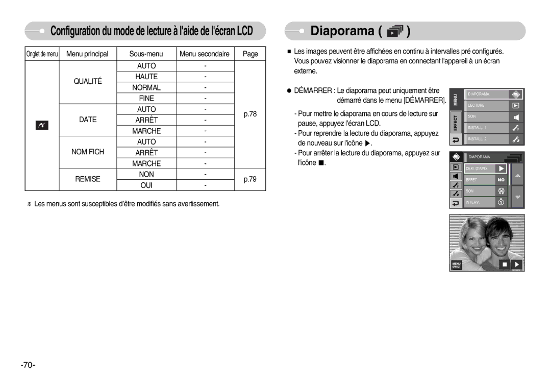 Samsung EC-I7ZZZBBB/FR manual Diaporama, Auto Qualité Haute Normal, Fine Auto Date Arrêt Marche NOM Fich NON, Remise OUI 