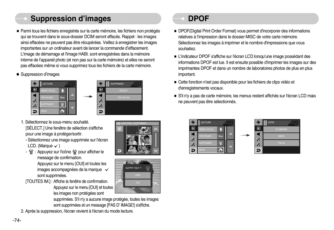 Samsung EC-I7ZZZSBB/FR, EC-I7ZZZBBA/E1, EC-I7ZZZBBA/FR, EC-I7ZZZBBC/E2, EC-I7ZZZSBC/E2 manual Suppression d’images, Dpof 