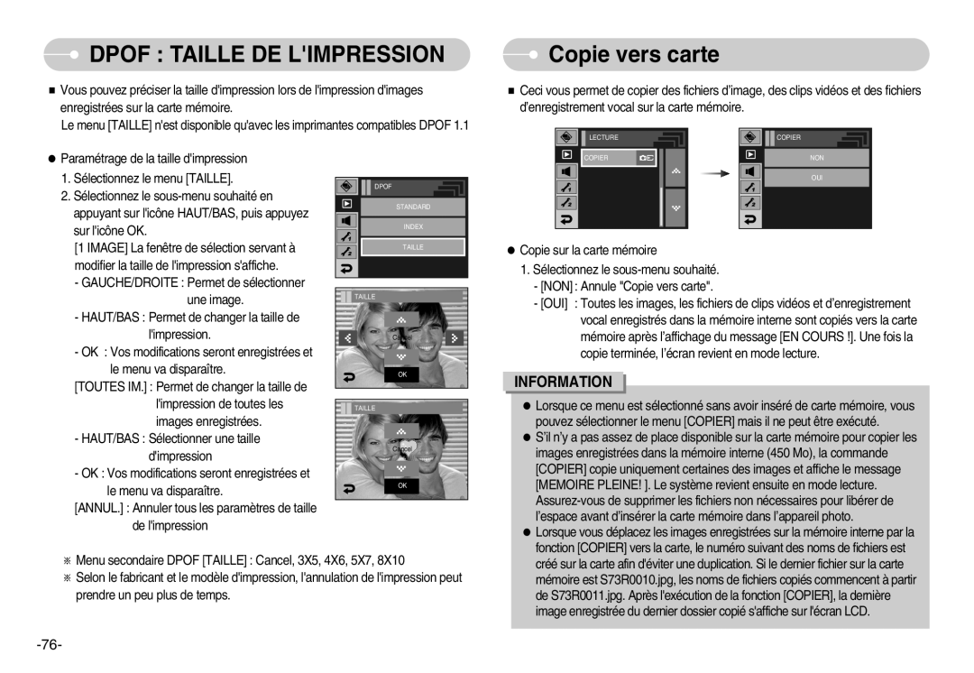 Samsung EC-I7ZZZBBA/E1, EC-I7ZZZBBA/FR, EC-I7ZZZBBC/E2, EC-I7ZZZSBC/E2 manual Dpof Taille DE Limpression, Copie vers carte 