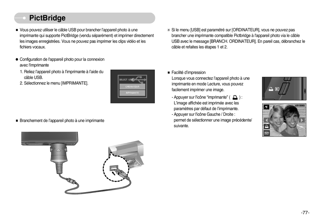 Samsung EC-I7ZZZBBA/FR, EC-I7ZZZBBA/E1, EC-I7ZZZBBC/E2, EC-I7ZZZSBC/E2, EC-I7ZZZSBA/FR, EC-I7ZZZBBB/FR manual PictBridge 