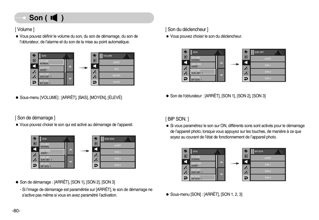 Samsung EC-I7ZZZSBA/FR, EC-I7ZZZBBA/E1, EC-I7ZZZBBA/FR manual Volume, Son du déclencheur, Son de démarrage, Bip Son 