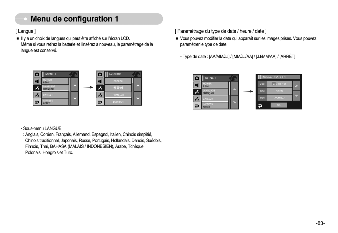 Samsung EC-I7ZZZSBB/E1, EC-I7ZZZBBA/E1, EC-I7ZZZBBA/FR, EC-I7ZZZBBC/E2 Langue, Paramétrage du type de date / heure / date 