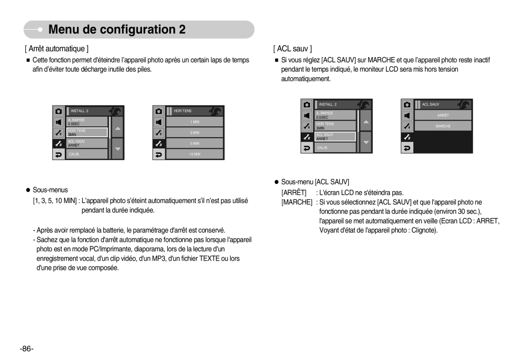 Samsung EC-I7ZZZSBC/FR, EC-I7ZZZBBA/E1, EC-I7ZZZBBA/FR, EC-I7ZZZBBC/E2, EC-I7ZZZSBC/E2 manual Arrêt automatique, ACL sauv 