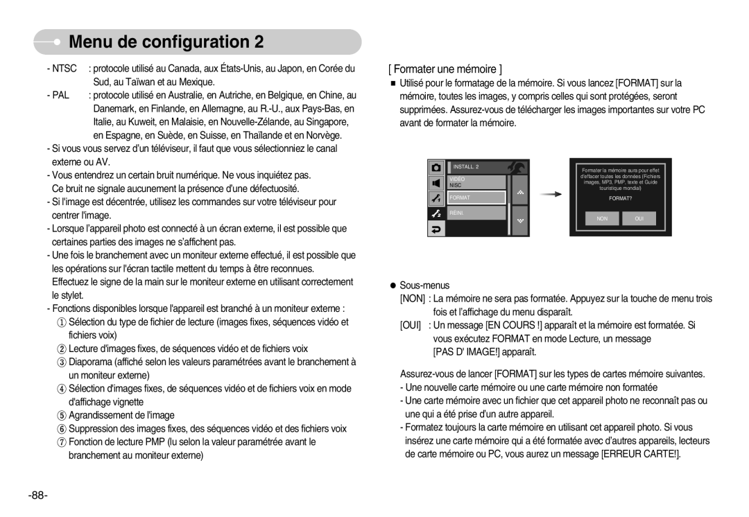 Samsung EC-I7ZZZBBA/FR, EC-I7ZZZBBA/E1, EC-I7ZZZBBC/E2, EC-I7ZZZSBC/E2 Formater une mémoire, Install Vidéo Nisc Format Réini 