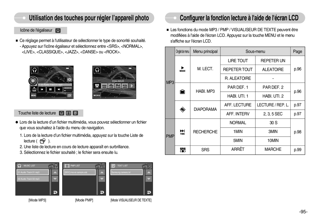 Samsung EC-I7ZZZSBB/DE, EC-I7ZZZBBA/E1, EC-I7ZZZBBA/FR AFF. Interv, PMP Recherche 1MIN 3MIN 5MIN 10MIN SRS Arrêt Marche 