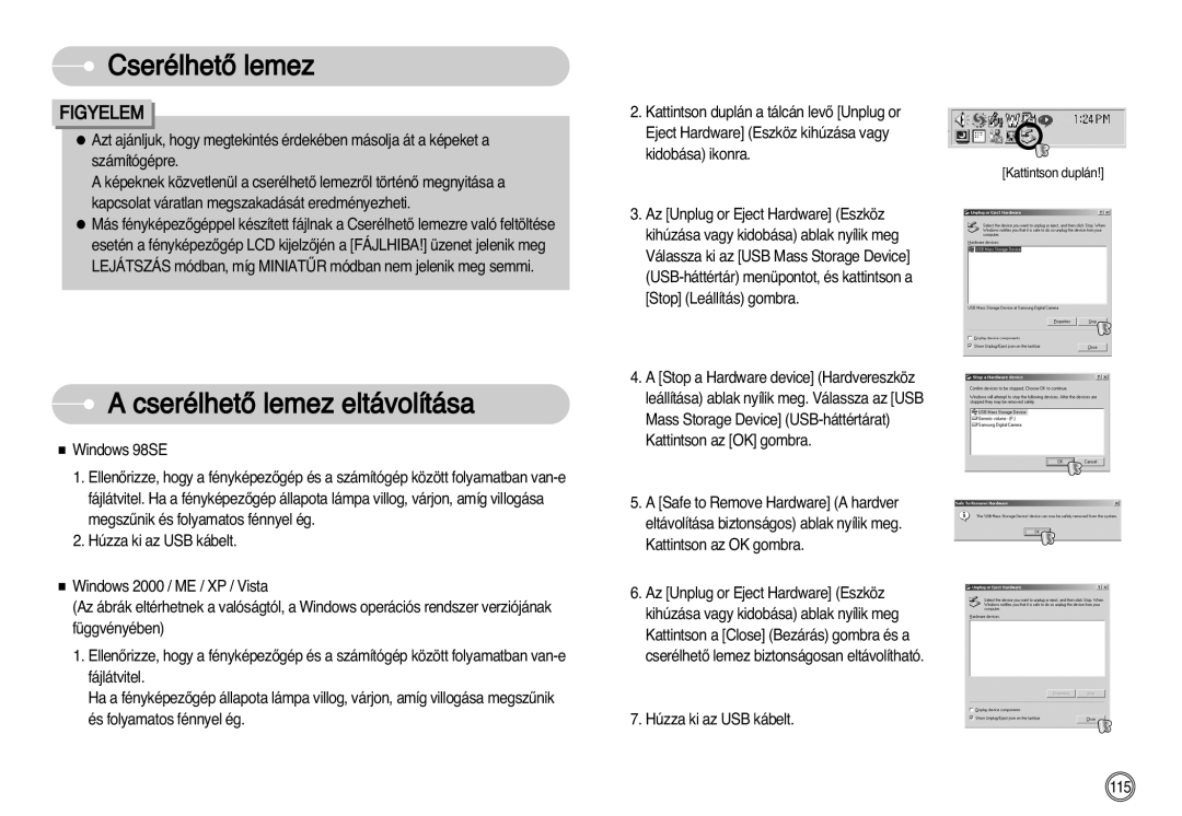 Samsung EC-I7ZZZBBA/DK, EC-I7ZZZBBA/FR, EC-I7ZZZBBA/DE, EC-I7ZZZSBB/DE, EC-I7ZZZSBB/FR manual CserélhetŒ lemez eltávolítása 