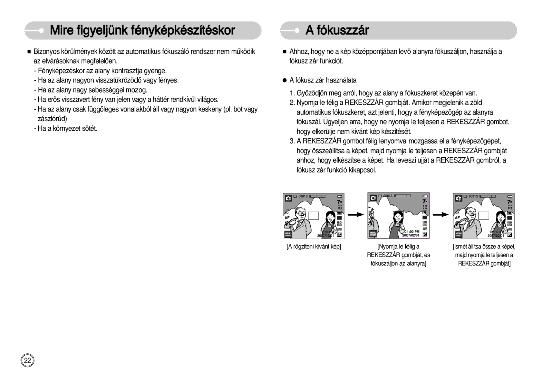 Samsung EC-I7ZZZBBA/DE, EC-I7ZZZBBA/FR, EC-I7ZZZSBB/DE, EC-I7ZZZSBB/FR, EC-I7ZZZBBA/NL, EC-I7ZZZSBA/NL manual Fókuszzár 