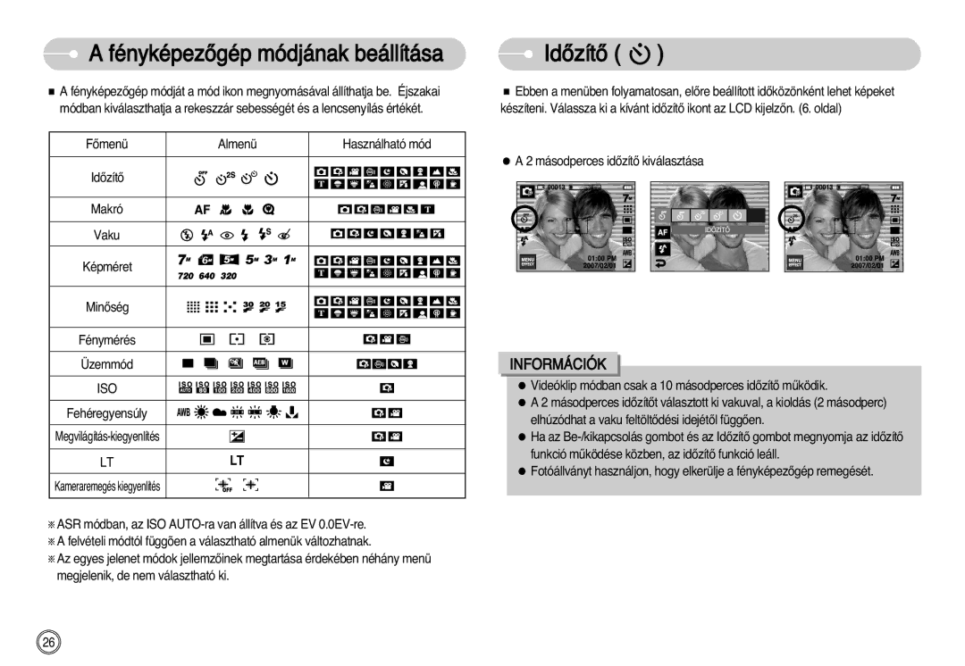 Samsung EC-I7ZZZSBA/NL, EC-I7ZZZBBA/FR, EC-I7ZZZBBA/DE, EC-I7ZZZSBB/DE manual FényképezŒgép módjának beállítása, IdŒzítŒ 