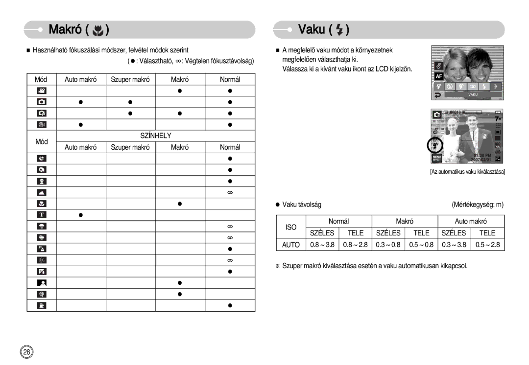 Samsung EC-I7ZZZSBA/FI, EC-I7ZZZBBA/FR, EC-I7ZZZBBA/DE, EC-I7ZZZSBB/DE, EC-I7ZZZSBB/FR manual Vaku, Színhely, Széles Tele Auto 