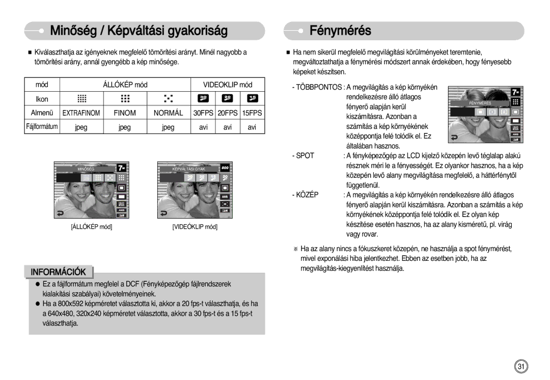 Samsung EC-I7ZZZSBG/E1 manual MinŒség / Képváltási gyakoriság Fénymérés, Finom Normál 30FPS 20FPS 15FPS, Spot, Közép 