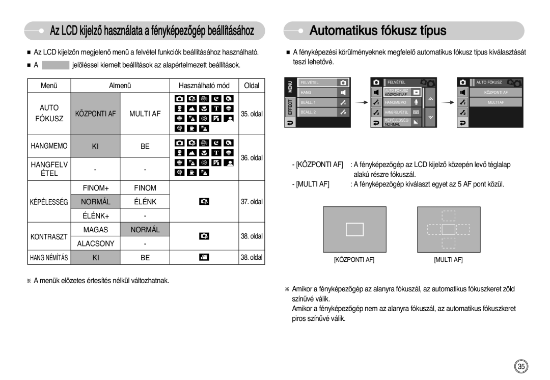 Samsung EC-I7ZZZSBB/FR, EC-I7ZZZBBA/FR Automatikus fókusz típus, Az LCD kijelzŒ használata a fényképezŒgép beállításához 