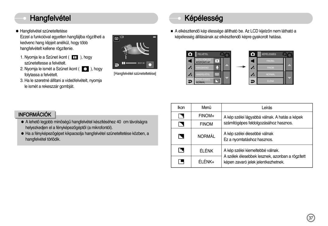 Samsung EC-I7ZZZSBA/NL, EC-I7ZZZBBA/FR, EC-I7ZZZBBA/DE, EC-I7ZZZSBB/DE manual Képélesség, Hangfelvétel szüneteltetése 