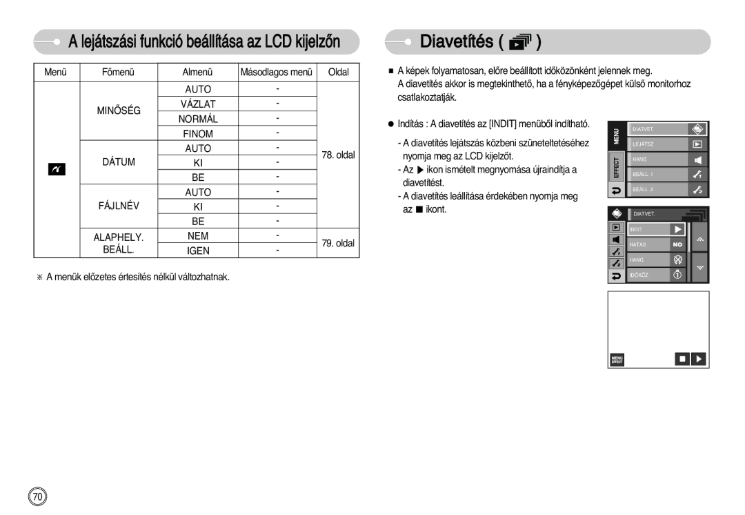 Samsung EC-I7ZZZSBA/NL, EC-I7ZZZBBA/FR Diavetítés, Auto Minãség, Finom Auto, Dátum Auto Fájlnév Alaphely NEM, Beáll Igen 