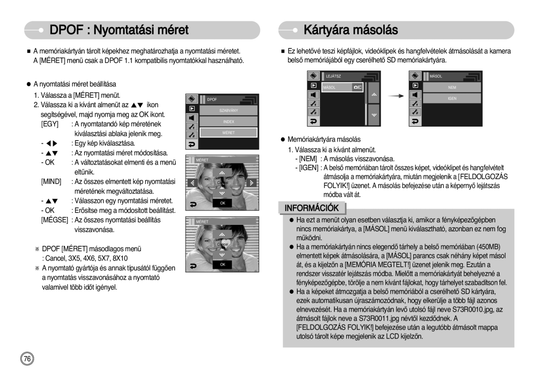 Samsung EC-I7ZZZBBA/FR, EC-I7ZZZBBA/DE, EC-I7ZZZSBB/DE, EC-I7ZZZSBB/FR manual Dpof Nyomtatási méret, Kártyára másolás, Mind 