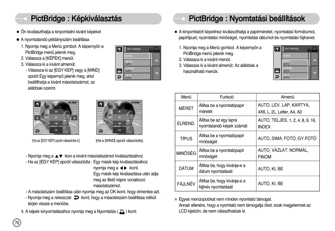 Samsung EC-I7ZZZSBB/DE, EC-I7ZZZBBA/FR, EC-I7ZZZBBA/DE manual PictBridge Képkiválasztás PictBridge Nyomtatási beállítások 