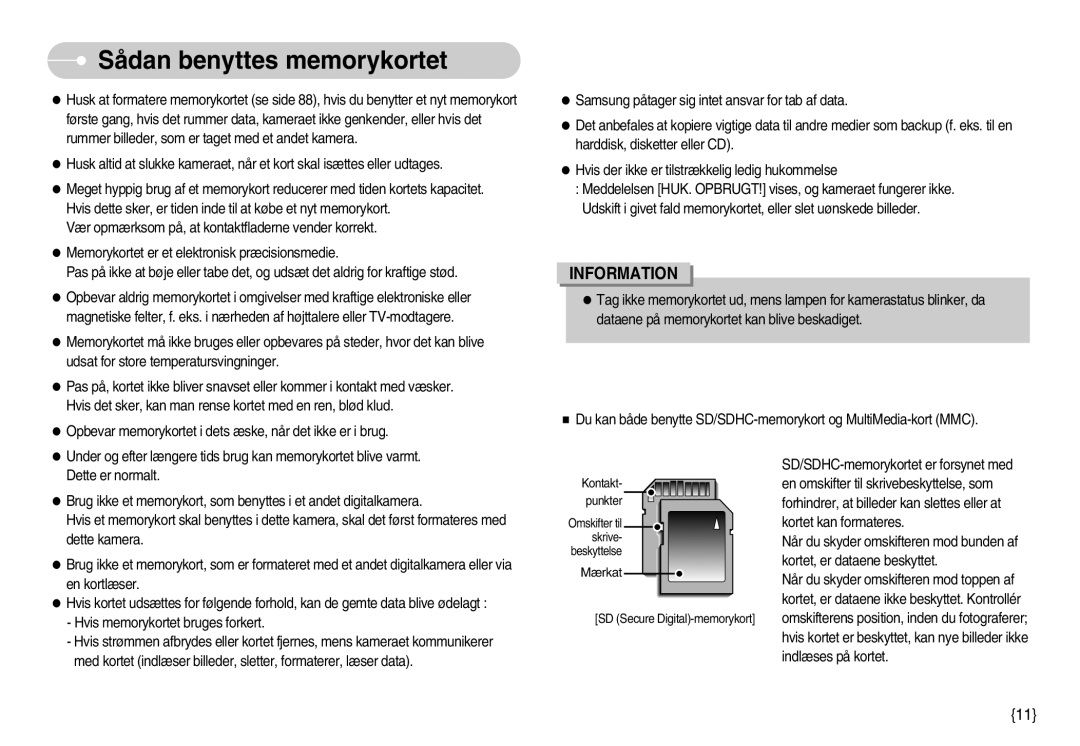 Samsung EC-I7ZZZSBA/FI, EC-I7ZZZBBC/E2, EC-I7ZZZSBC/E2, EC-I7ZZZBBA/DE, EC-I7ZZZSBB/DE manual Sådan benyttes memorykortet 