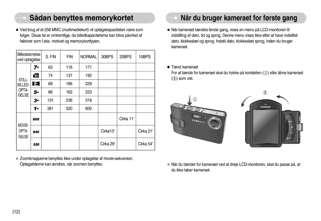 Samsung EC-I7ZZZBBA/FI, EC-I7ZZZBBC/E2, EC-I7ZZZSBC/E2 Når du bruger kameraet for første gang, FIN Normal 30BPS 20BPS 15BPS 