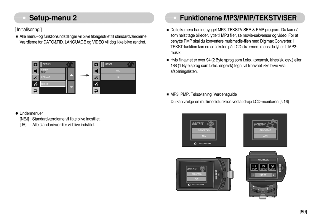 Samsung EC-I7ZZZBBA/DE, EC-I7ZZZBBC/E2, EC-I7ZZZSBC/E2, EC-I7ZZZSBB/DE, EC-I7ZZZSBA/FI manual Funktionerne MP3/PMP/TEKSTVISER 