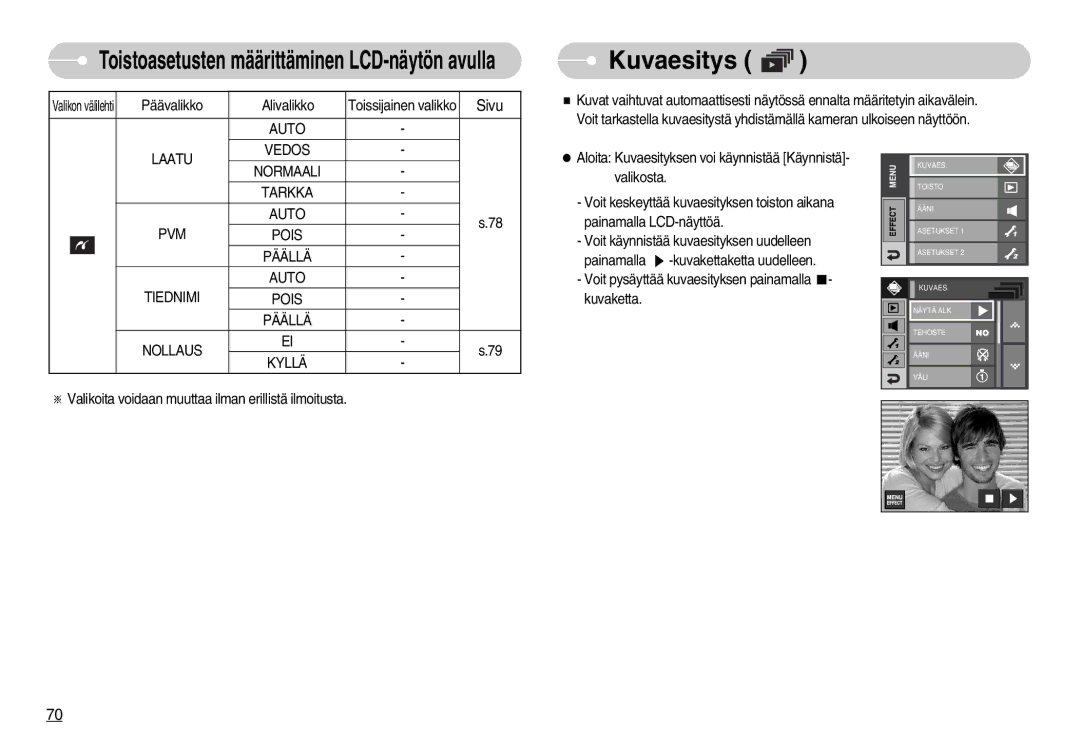 Samsung EC-I7ZZZBBB/E2 manual Kuvaesitys, Auto Vedos, Laatu Normaali Tarkka Auto PVM Pois Päällä Tiednimi, Nollaus Kyllä 