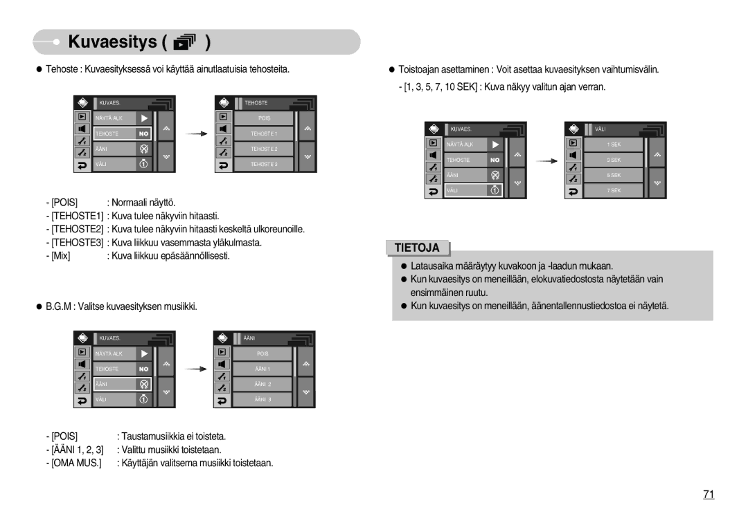 Samsung EC-I7ZZZBBC/E2, EC-I7ZZZSBC/E2, EC-I7ZZZBBA/DE, EC-I7ZZZSBB/DE manual Kuvaes Tehoste Näytä ALK Pois Ääni Väli 