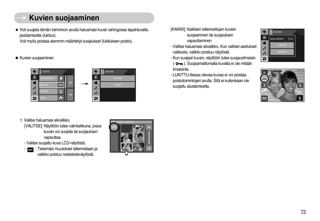 Samsung EC-I7ZZZBBA/DE, EC-I7ZZZBBC/E2, EC-I7ZZZSBC/E2, EC-I7ZZZSBB/DE, EC-I7ZZZSBA/FI, EC-I7ZZZBBA/FI manual Kuvien suojaaminen 