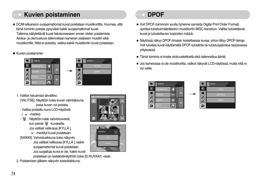 Samsung EC-I7ZZZSBB/DE, EC-I7ZZZBBC/E2, EC-I7ZZZSBC/E2, EC-I7ZZZBBA/DE, EC-I7ZZZSBA/FI manual Kuvien poistaminen, Dpof 