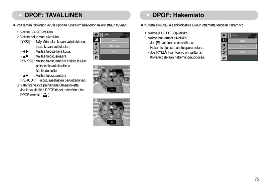 Samsung EC-I7ZZZSBA/FI, EC-I7ZZZBBC/E2, EC-I7ZZZSBC/E2, EC-I7ZZZBBA/DE, EC-I7ZZZSBB/DE manual Dpof Tavallinen, Dpof Hakemisto 