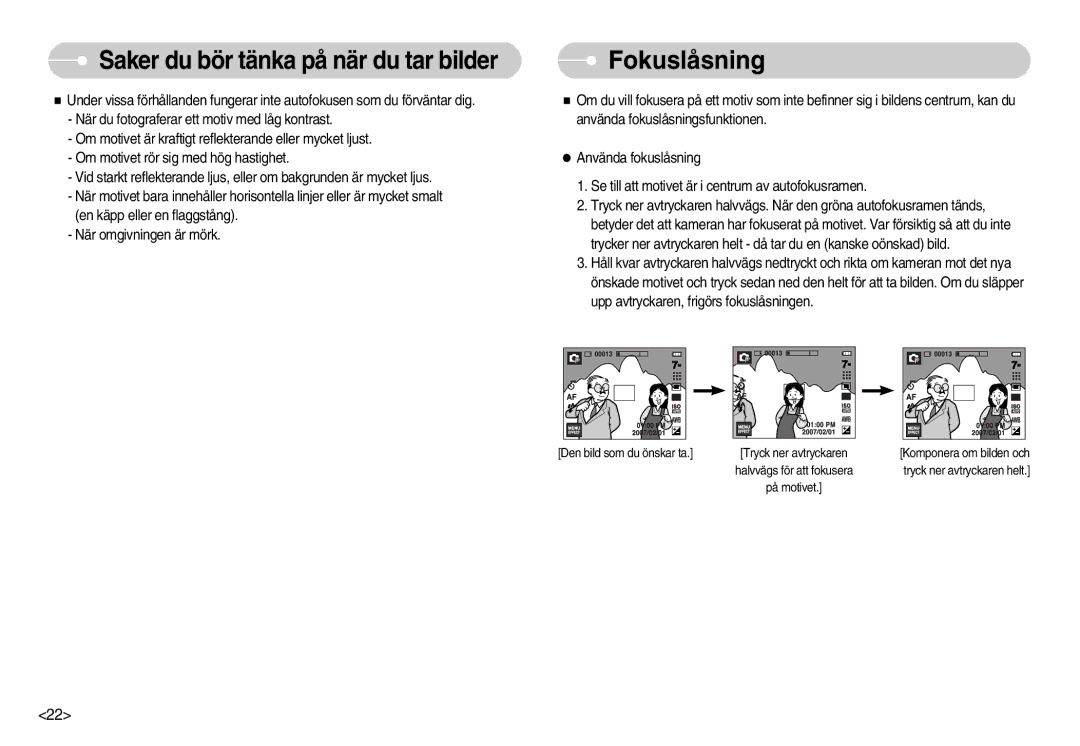 Samsung EC-I7ZZZBBB/E2, EC-I7ZZZBBC/E2, EC-I7ZZZSBC/E2, EC-I7ZZZBBA/DE, EC-I7ZZZSBB/DE, EC-I7ZZZSBA/FI manual Fokuslåsning 