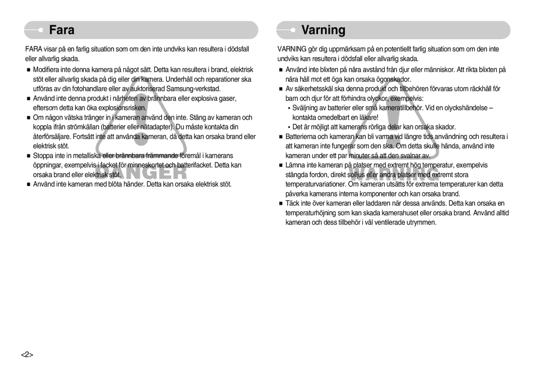 Samsung EC-I7ZZZSBB/DE, EC-I7ZZZBBC/E2, EC-I7ZZZSBC/E2, EC-I7ZZZBBA/DE, EC-I7ZZZSBA/FI, EC-I7ZZZBBA/FI manual Fara, Varning 