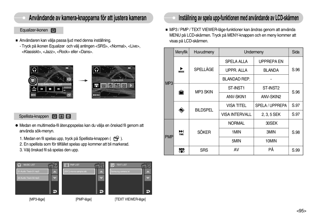 Samsung EC-I7ZZZBBC/E2, EC-I7ZZZSBC/E2, EC-I7ZZZBBA/DE, EC-I7ZZZSBB/DE manual Normal 30SEK PMP Söker 1MIN 3MIN 5MIN 10MIN SRS 