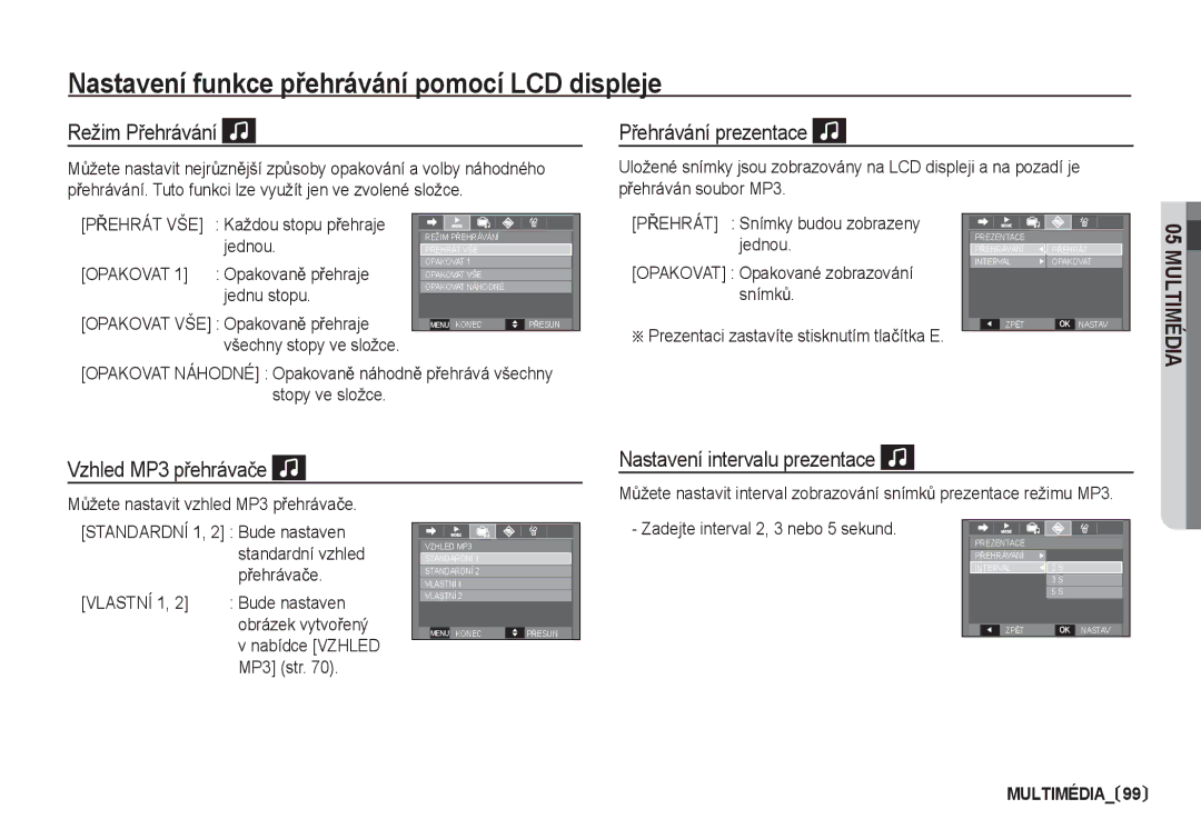 Samsung EC-I80ZZBDA/E3 manual Režim PĜehrávání, PĜehrávání prezentace, Vzhled MP3 pĜehrávaþe Nastavení intervalu prezentace 