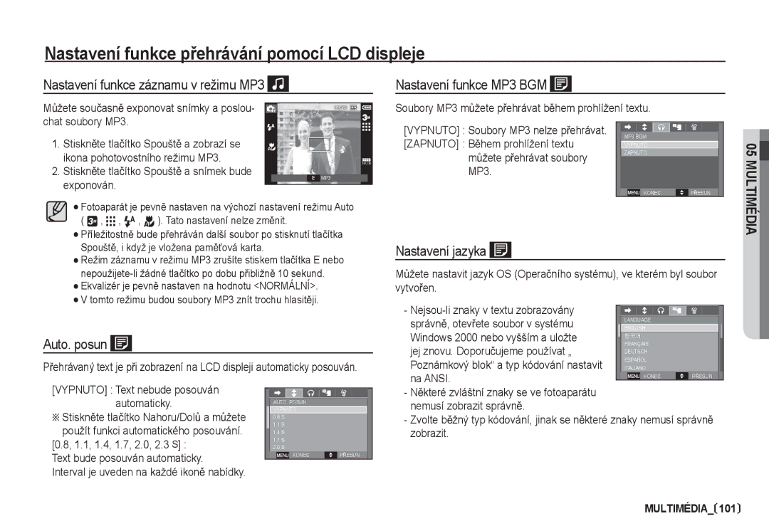 Samsung EC-I80ZZBDA/E3, EC-I80ZZSDA/E3 manual Auto. posun, Nastavení jazyka 