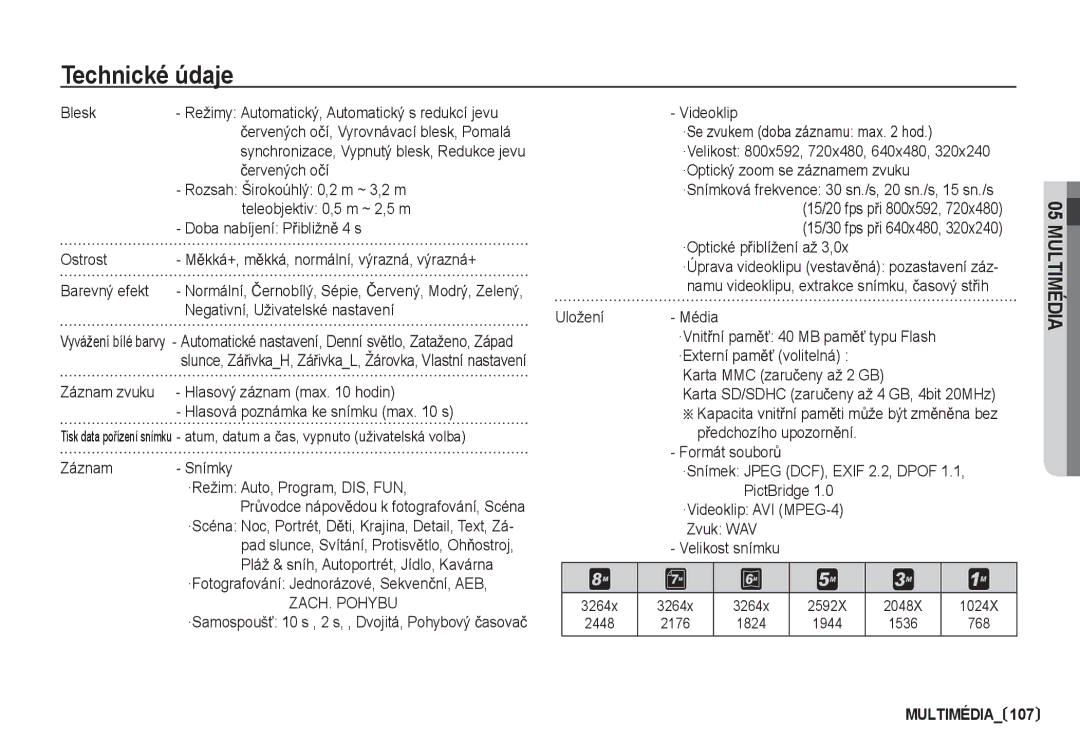 Samsung EC-I80ZZBDA/E3 manual Þervených oþí, Rozsah Širokoúhlý 0,2 m ~ 3,2 m, Teleobjektiv 0,5 m ~ 2,5 m, Uložení Média 