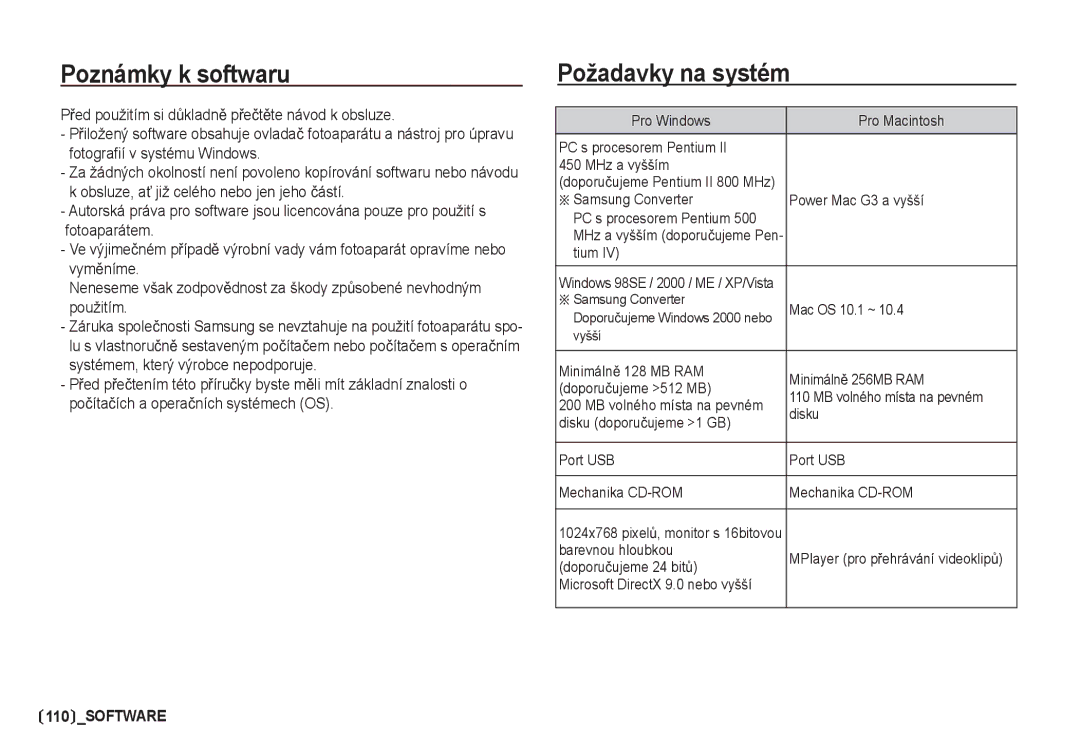 Samsung EC-I80ZZSDA/E3, EC-I80ZZBDA/E3 manual Poznámky k softwaru, Požadavky na systém 